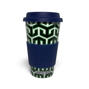 💚Jonathan Adler Blue Green Geometric Patterned Porcelain Travel Cup Mug Sleeve
